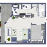 Wohnung mit Schlafzimmer, Küche, Bad und Wohnbereich mit Sofa und Esstisch.