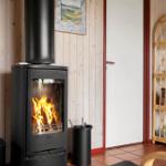 Kaminofen mit brennendem Holz, Bücherregal und Holzwand im Raum.