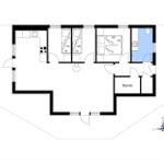 Wohnung mit Küche, zwei Schlafzimmern, Bad und Sauna. Raumübersicht mit Maßen.