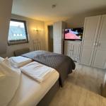 Bedroom with bed, TV, and wardrobe. Window with view of roof.