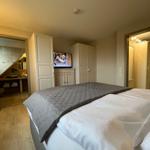 Bedroom with bed, TV, and view into bathroom and closet.