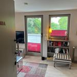 Entrance area with door to apartment Antonia, bookshelf, windows, and balcony door.
