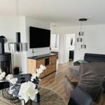 Wohnzimmer mit Sofa, Kamin und Fernseher. Holzboden und moderne Beleuchtung.