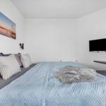 Schlafzimmer mit Bett, Wandbild, Fernseher und Pflanze.