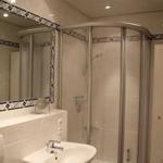 Bathroom with shower, sink, and mirror with trim.