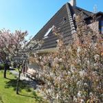 House with black roof, blooming trees, and green lawn in the front garden.