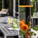 Terrasse mit Esstisch, Liegestühlen und Wassermelone. Hintergrund: grüne Vegetation und Glasfassade.