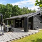 Schwarzes Holzhaus mit Terrasse, Garten und Grillplatz. Moderne Einrichtung und viel Platz.