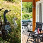 Garten mit Entenskulpturen und Terrasse mit Sitzgelegenheiten.