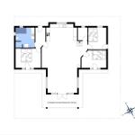 Wohnung mit drei Schlafzimmern, Küche und überdachter Terrasse. Flur mit Treppe.