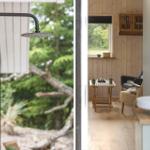 Dusche mit Blick auf Wald. Badezimmer mit Waschtisch und Spiegel.