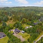 Haus mit grünem Dach in Wald, Blick auf Meer