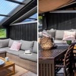 Terrasse mit Sitzgruppe, Tisch und Sonnenschutz. Glasdach und Holzwände.