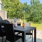 Terrasse mit Tisch, Stühlen, Wein und Blumenvase. Hintergrund: Grünfläche und Bäume.