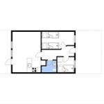 Zwei Schlafzimmer, eine Küche und ein Bad sind im Grundriss dargestellt.