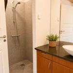 Bad mit Dusche, Waschtisch und Pflanze auf dunklem Waschtisch.