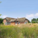 Haus mit Strohdach und Spielplatz im Grasland.