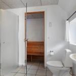 Badezimmer mit Dusche, Toilette und Waschbecken. Durchgang zur Sauna mit Holzbank.