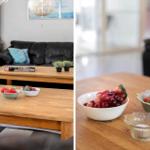 Holztisch mit Obstschalen und Pflanzen im Wohnzimmer.