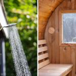Außen-Dusche mit Wasserstrom und Holzsitzbad mit Sitzbank und Glasfenster.