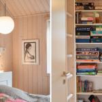 Schlafzimmer mit Holzwand, Bett und Bücherregal mit Spielen.