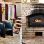 Zimmer mit Sitzgelegenheit und Fenster. Kamin mit brennendem Feuer in Steinmauer.