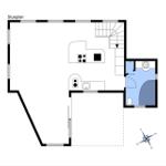 Stueplan zeigt Küche, Bad und Schlafzimmer mit Treppe nach oben.