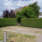 Garten mit Rasenfläche, gepflastertem Weg und hohem Heckenzaun. Im Hintergrund sind Bäume und ein Haus sichtbar.