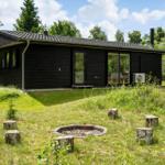 Schwarzes Holzhaus mit Grill und Feuerstelle im Gras