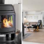 Kaminofen mit brennendem Feuer und Wohnzimmer mit Sofa, Sessel und Holzboden.