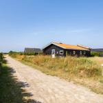 Ein schwarzes Haus mit orangefarbenem Dach steht am Wegrand in der Landschaft.
