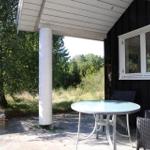Terrasse mit Tisch und Stühlen unter Dach. Hintergrund: Wald und Gras.