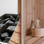 Sauna mit Holzbank und Eimer. Steine im Ofenbereich.