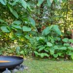 Garten mit Sitzgelegenheit und Feuerkessel umgeben von grüner Vegetation.