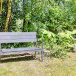 Eine graue Bank steht im Garten unter Bäumen.