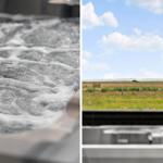 Badewanne mit Schaum und Blick auf Feld und Himmel