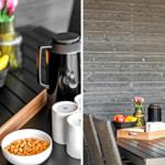Außenbereich mit Tisch, Stühlen, Obst und Kaffeekanne.