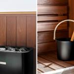 Sauna mit Holzwand und schwarzer Eimer mit Besen. Links: Heizung mit Steinen.