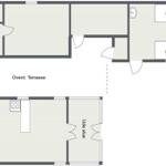 Two bedrooms, kitchen, bathroom, and covered terrace with view.