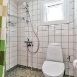 Badezimmer mit Dusche, WC und Fenster. Duschvorhang mit grün-weißem Muster.