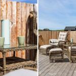 Terrasse mit Rattanmöbeln, GlasTisch und Holzgeländer. Hintergrund: Holzwand und blauer Himmel.
