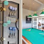Billardtisch mit grüner Tischplatte und Dartscheibe an der Wand