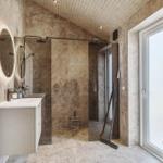 Badezimmer mit Dusche, Waschbecken und Fenster