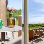 Terrasse mit Tisch, Stühlen und Blumen. Blick auf grünes Feld unter blauem Himmel.