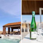 Hot tub mit Terrasse und Grillbereich. Weinglas und Flasche auf Tisch.