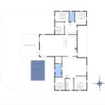 Geschossplan zeigt Wohnbereich, Schlafzimmer, Sauna und überdachte Terrasse.