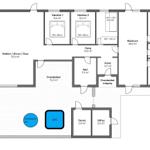 Funktionaler Grundriss mit fünf Schlafzimmern, Küche, Sauna und Spa-Bereich.