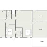 The apartment has two bedrooms, a kitchen, bathroom, and terrace.