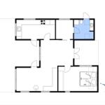 Apartment with kitchen, bathroom, bedroom, and living area. Room heights and sizes are marked.