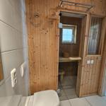 Bad mit Dusche, Toilette und Sauna im Holzdesign
